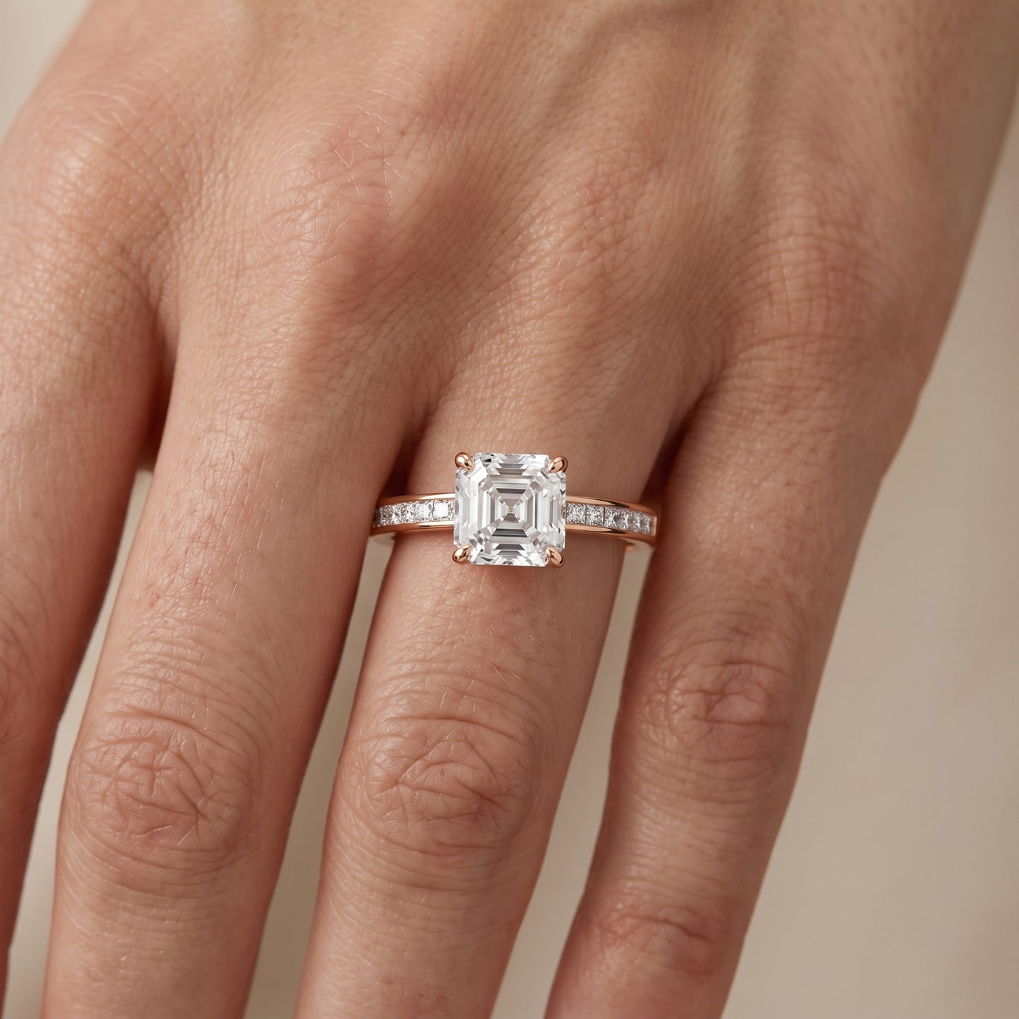 Maren Sidestone Channel Set Asscher Diamond Engagement Ring in Rose Gold - lifestyle.jpg
