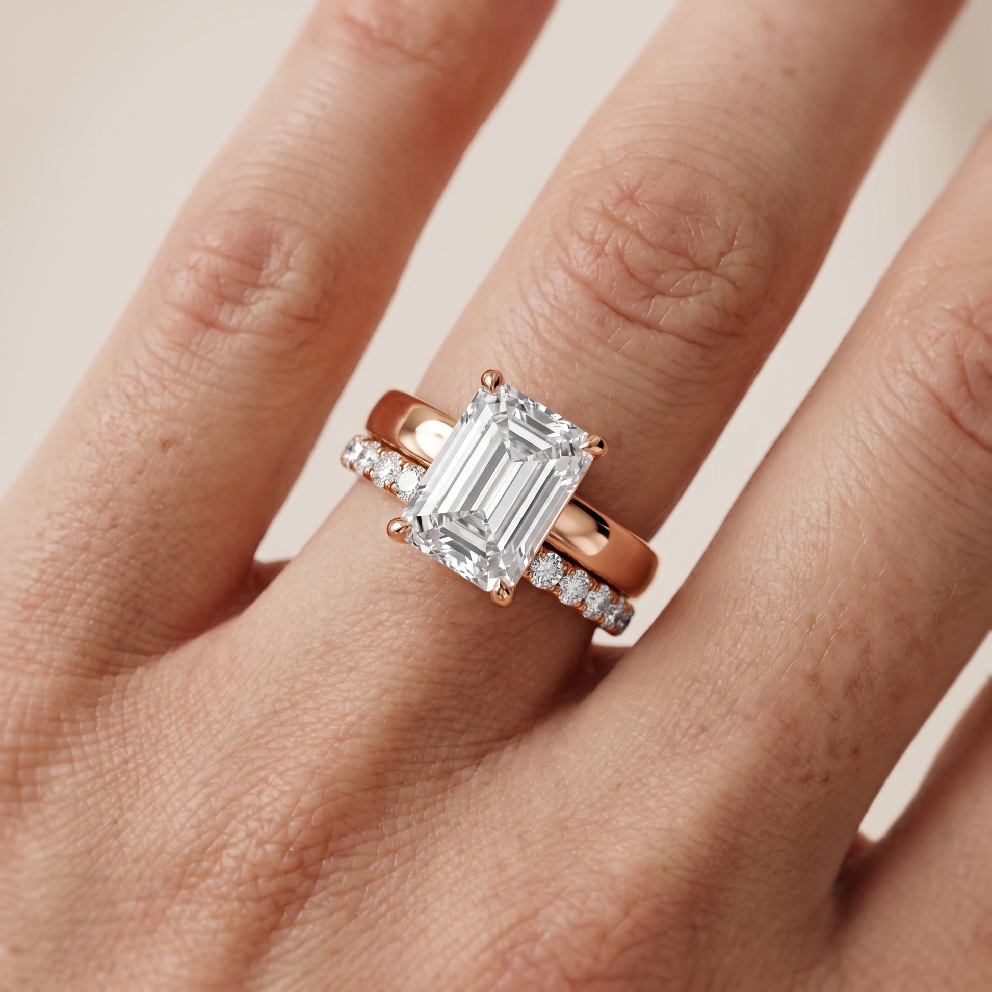 Veda Split Shank Pavé Emerald Diamond Engagement Ring in Rose Gold - lifestyle.jpg
