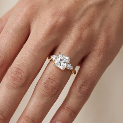 Leila Three-Stone Radiant Diamond Engagement Ring in Yellow Gold - lifestyle.jpg
