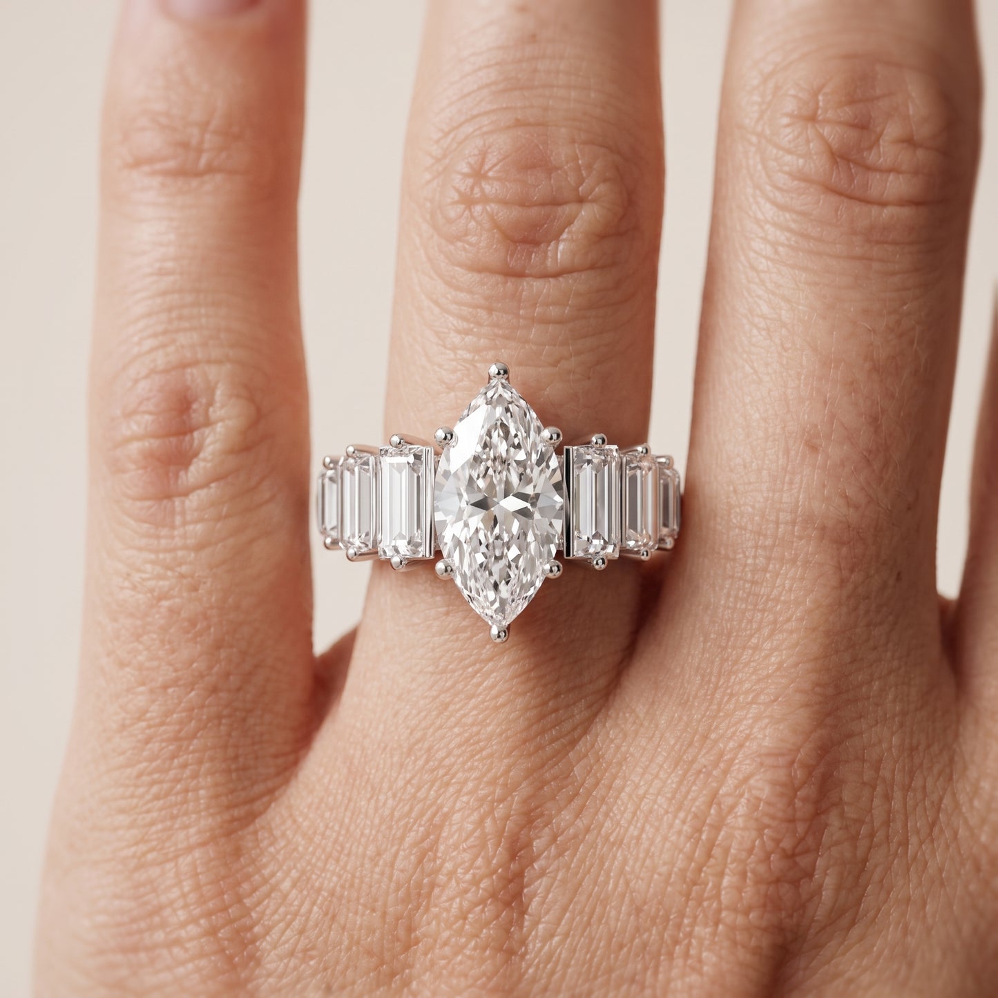 Mara Sidestone Baguette Accent Marquise Diamond Engagement Ring in Platinum - lifestyle.jpg