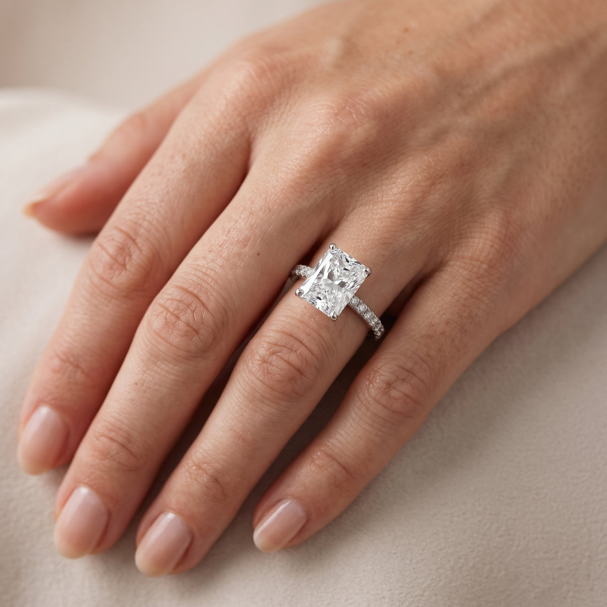 Juna French Pavé Solitaire Radiant Diamond Engagement Ring in Silver - lifestyle.jpg