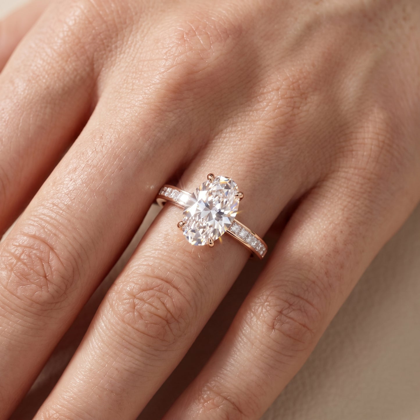 Maren Sidestone Channel Set Oval Diamond Engagement Ring in Rose Gold - lifestyle.jpg