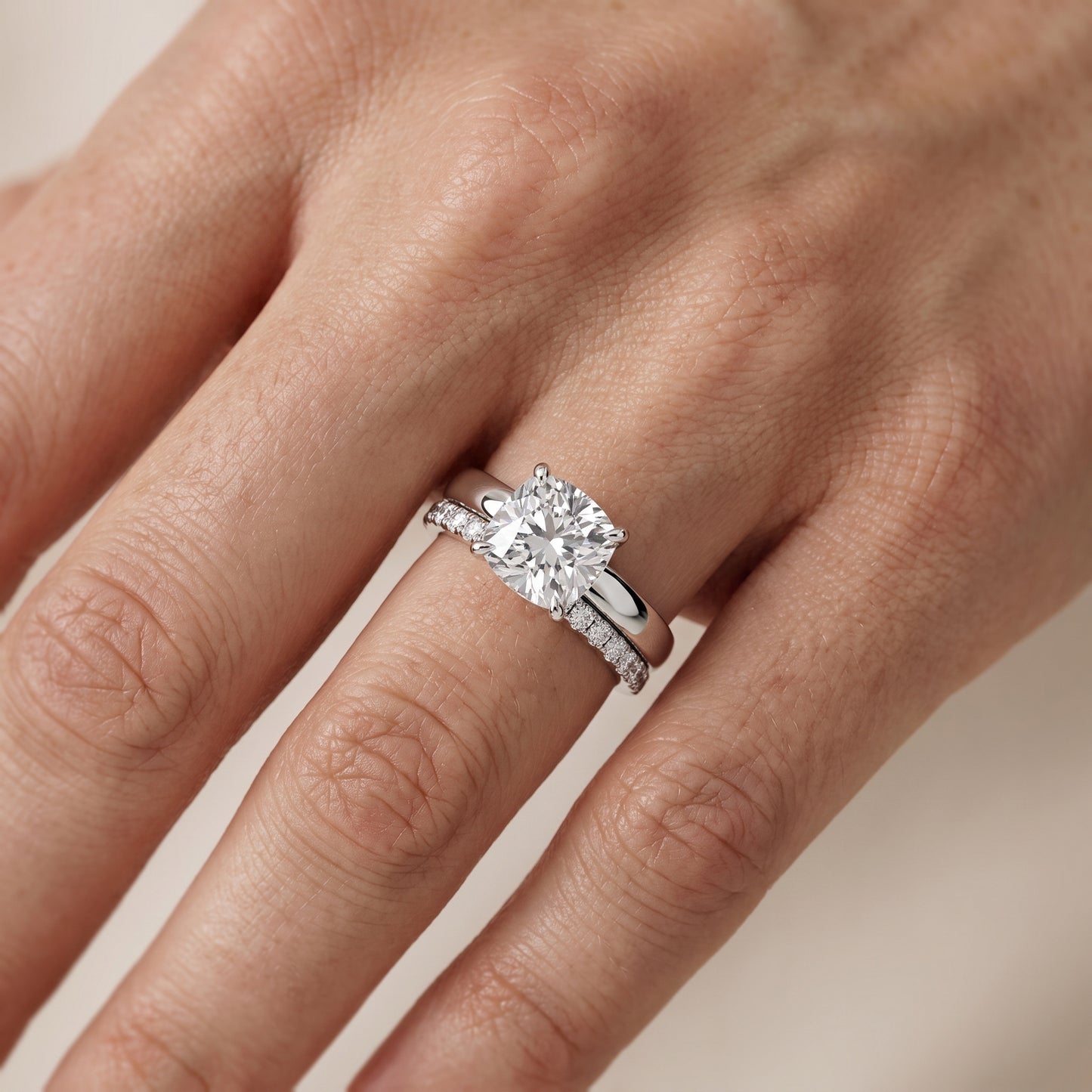 Veda Split Shank Pavé Cushion Diamond Engagement Ring in Platinum - lifestyle.jpg