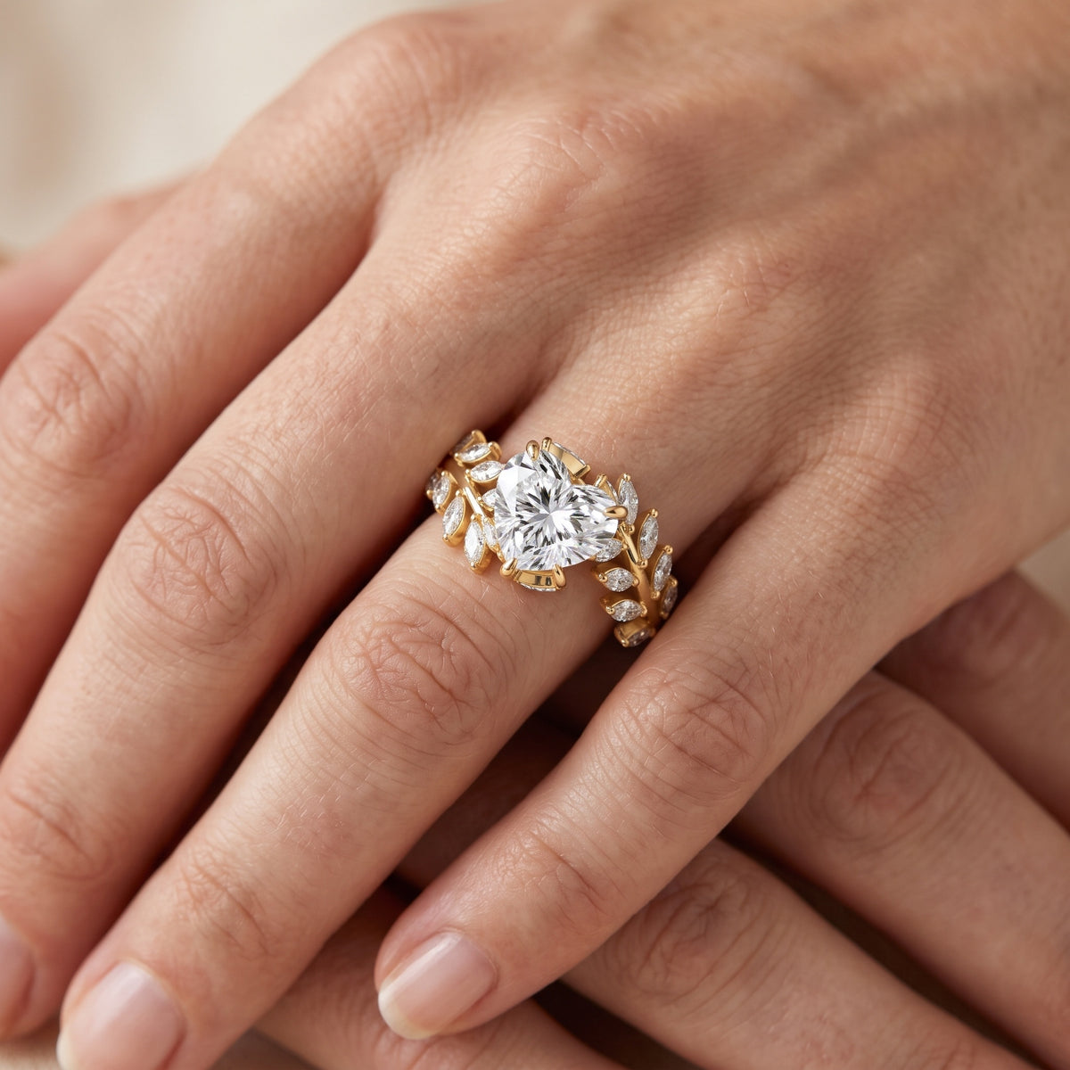 Clarion Leaf Bypass Heart Diamond Engagement Ring in Yellow Gold - lifestyle.jpg