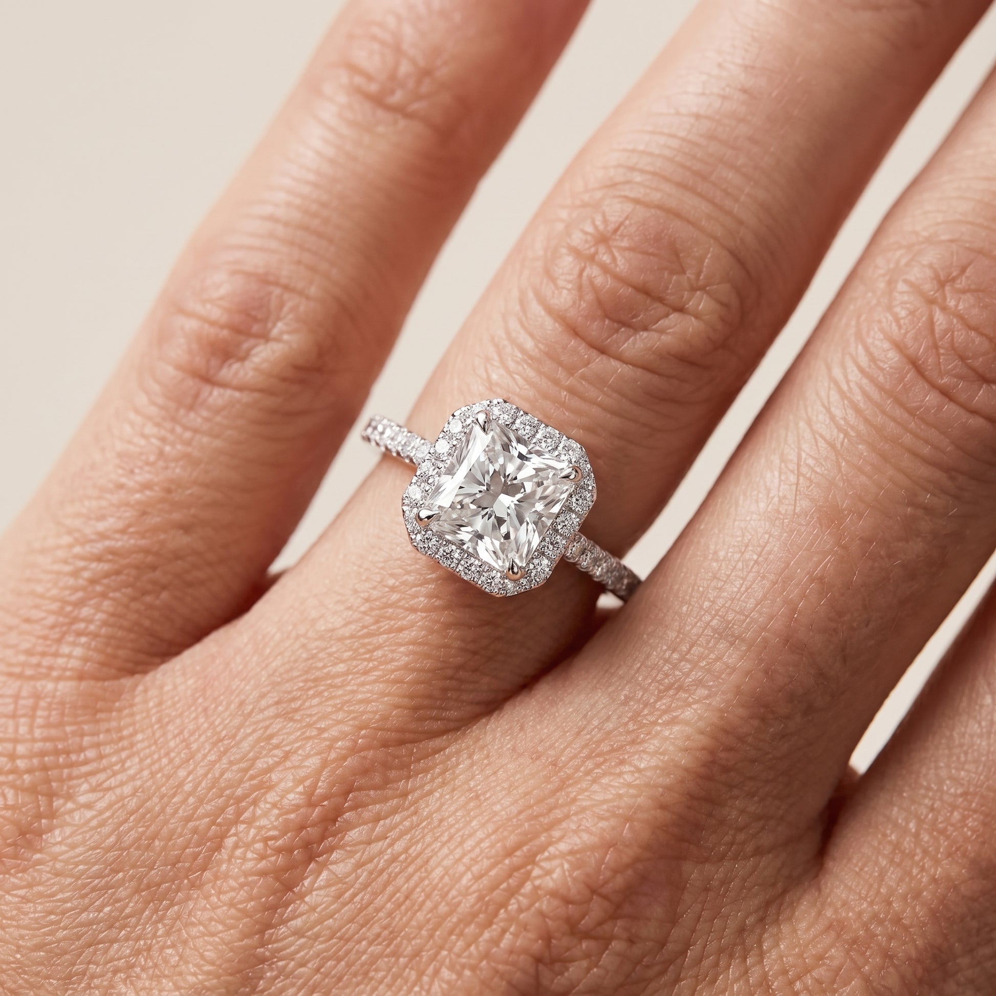 Alma Halo Pavé Radiant Diamond Ring in Platinum - lifestyle.jpg