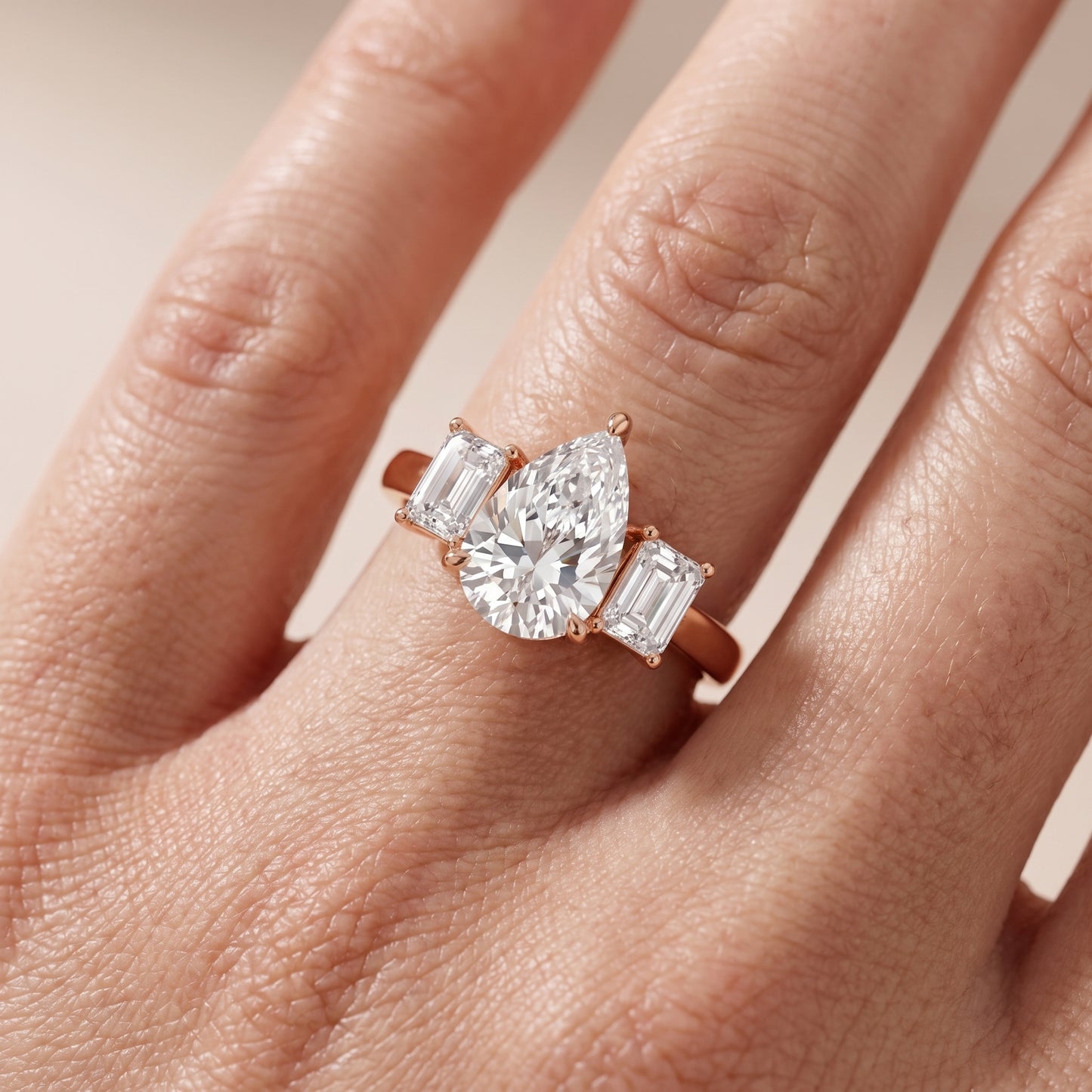 Zoe Three-Stone Pear Diamond Ring in Rose Gold - lifestyle.jpg