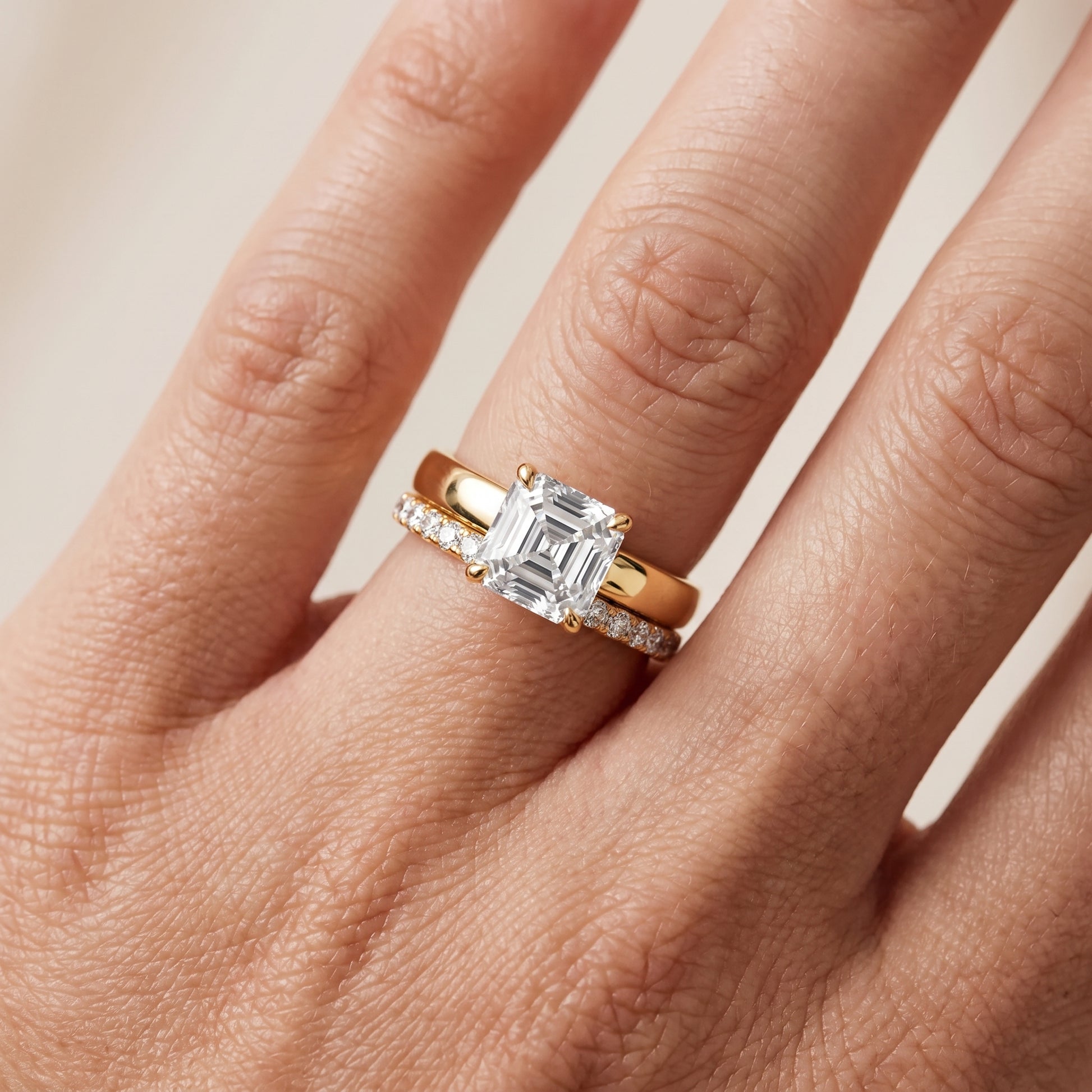 Veda Split Shank Pavé Asscher Diamond Engagement Ring in Yellow Gold - lifestyle.jpg