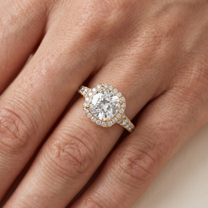 Bella Halo Pavé Cushion Diamond Engagement Ring in Yellow Gold - lifestyle.jpg