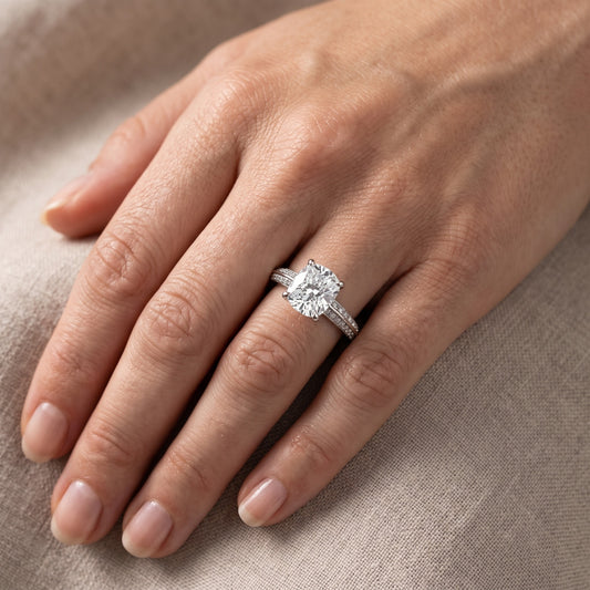 Meredith Knife Edge Pavé Cushion Diamond Engagement Ring in Platinum - lifestyle.jpg