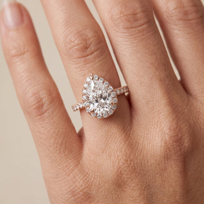 Amara Halo Claw Prong Pear Diamond Ring in Rose Gold - lifestyle.jpg