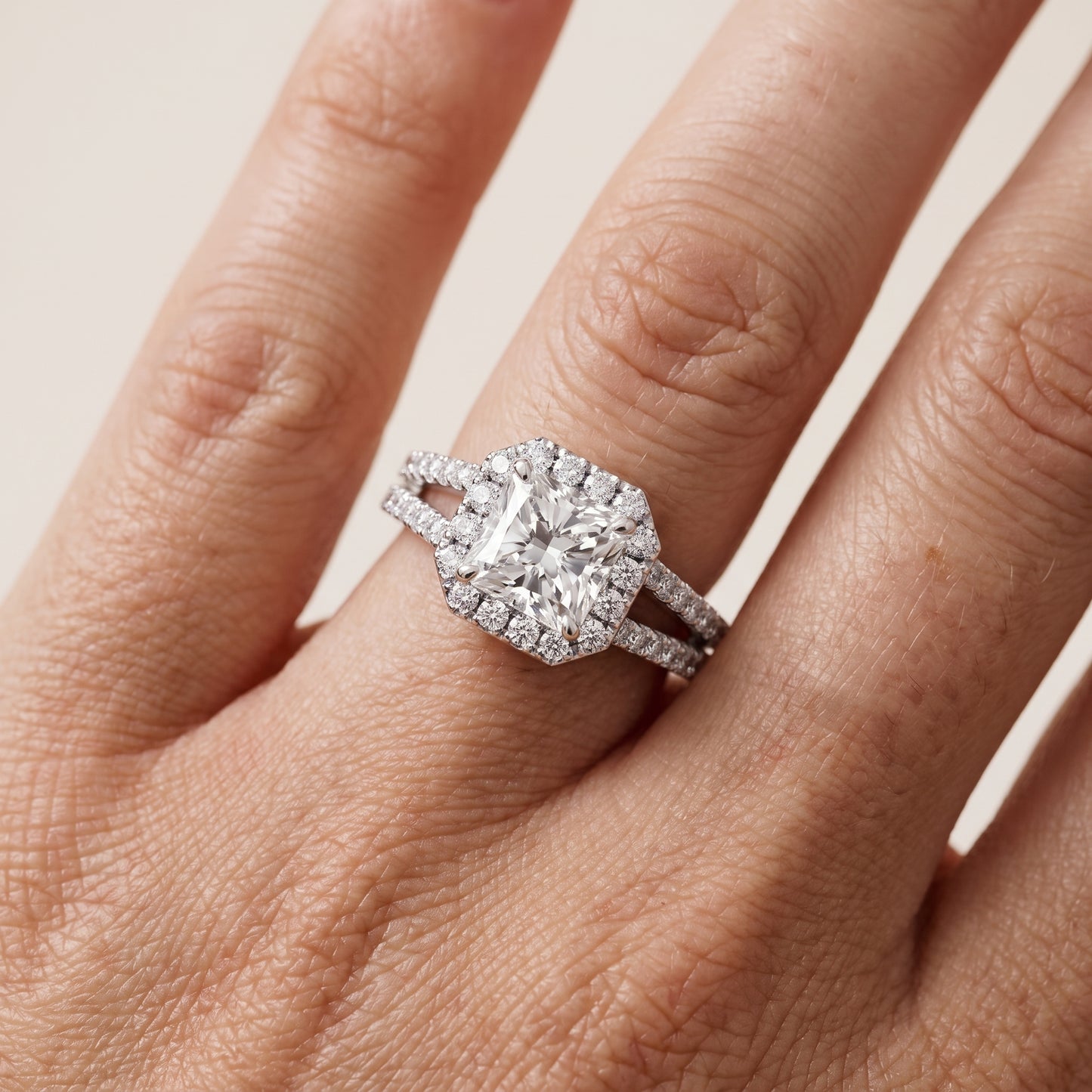 Kira Halo Split Shank Radiant Diamond Engagement Ring in Platinum - lifestyle.jpg