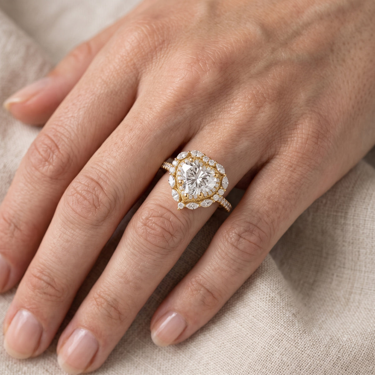 Lyndon Floral Double Halo Heart Diamond Engagement Ring in Rose Gold - lifestyle.jpg