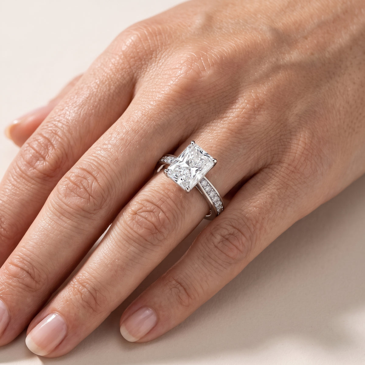 Rhea Sidestone Pavé Radiant Diamond Engagement Ring in Silver - lifestyle.jpg
