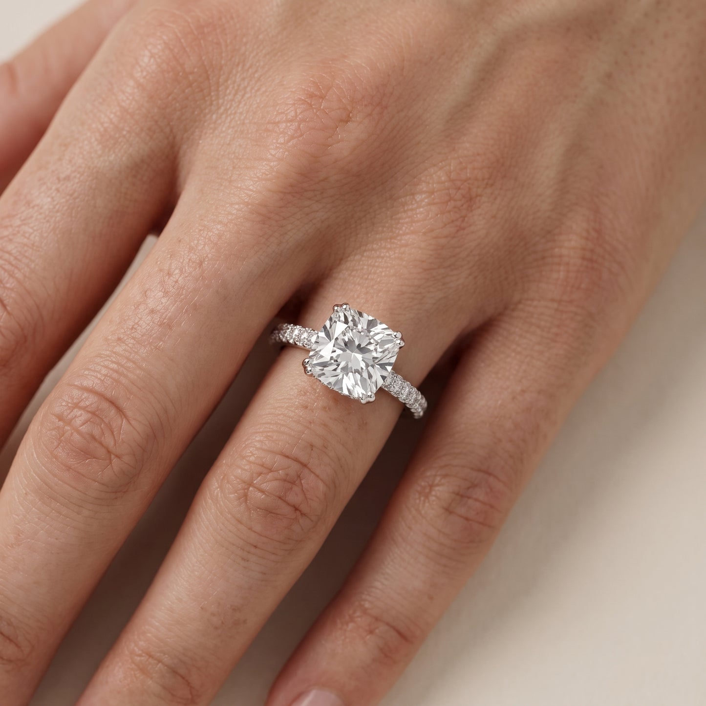 Violet Hidden Halo Pavé Cushion Diamond Ring in Platinum - lifestyle.jpg
