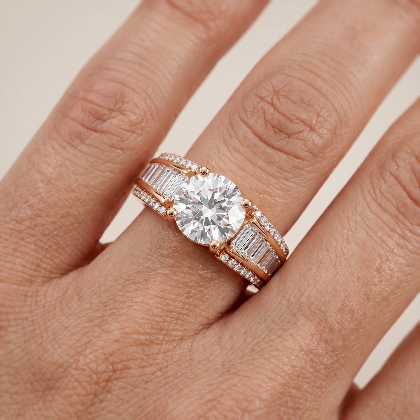 Halle Channel Set Baguette Accent Round Diamond Engagement Ring in Rose Gold - lifestyle.jpg