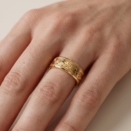 Helena Carved Milgrain Wedding Band in Yellow Gold - lifestyle.jpg