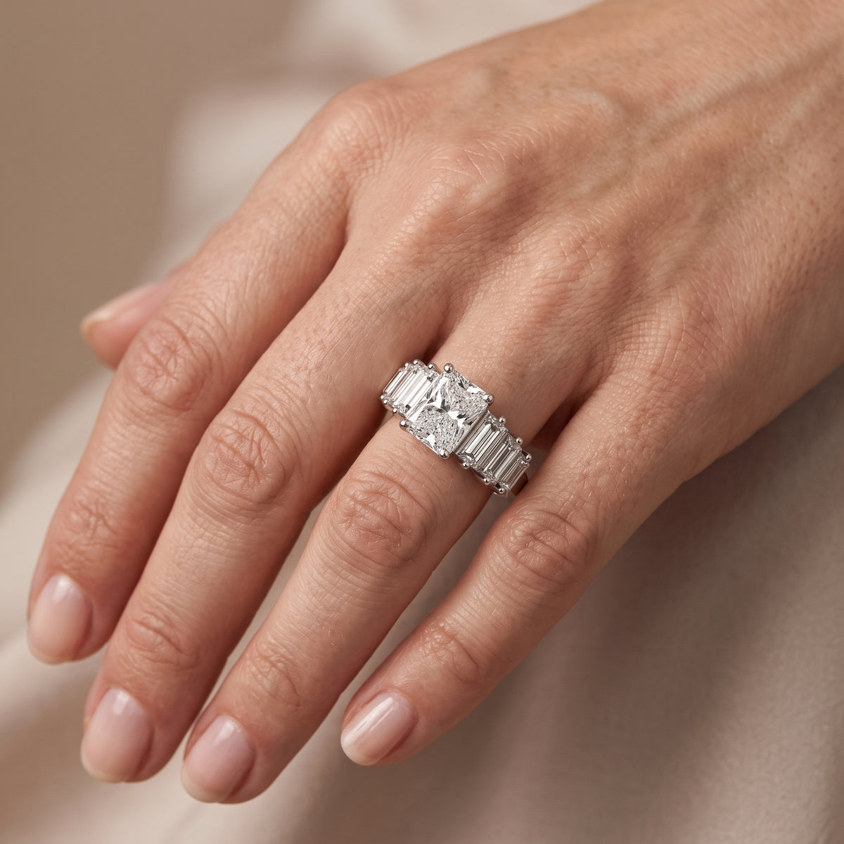 Mara Sidestone Baguette Accent Radiant Diamond Engagement Ring in Silver - lifestyle.jpg
