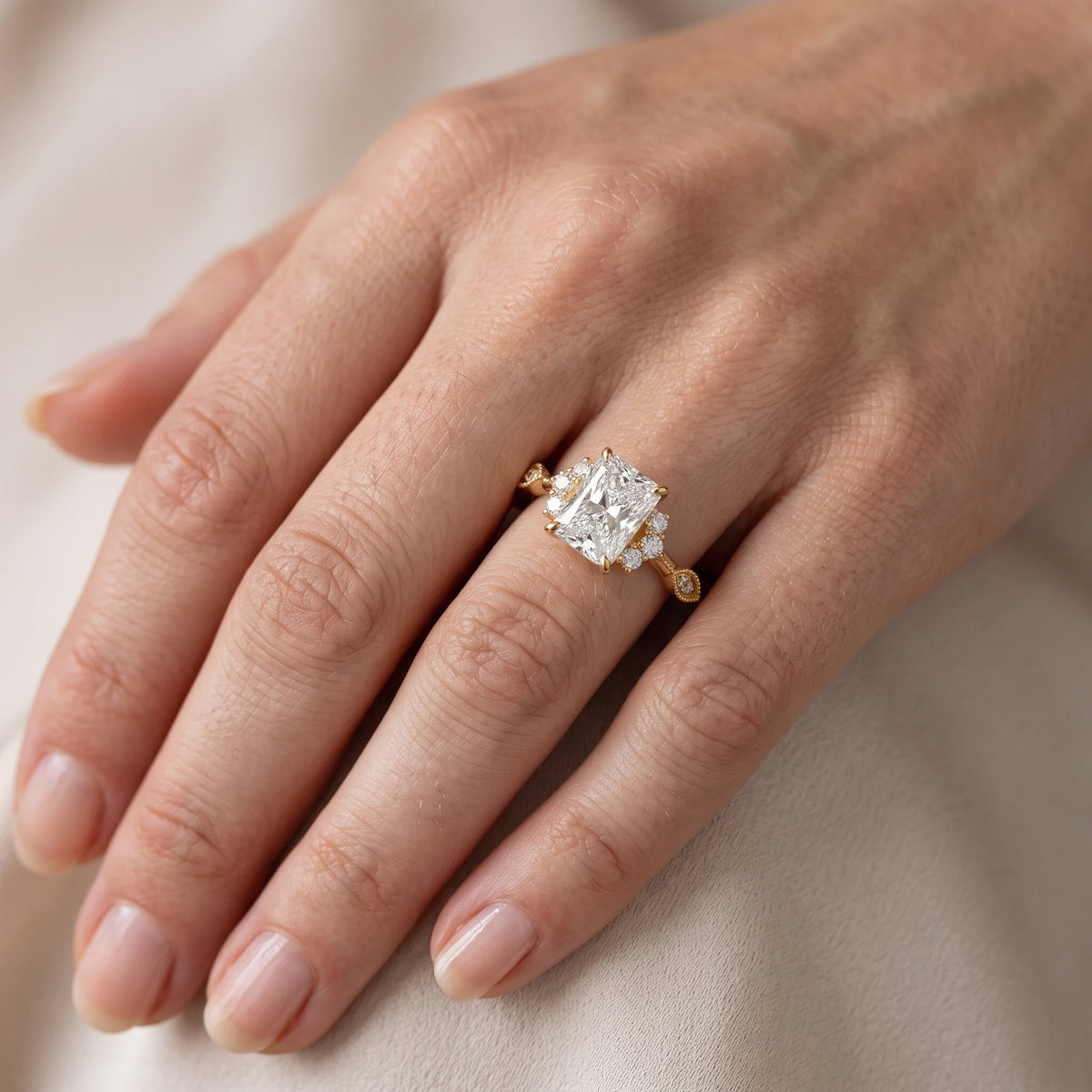 Naomi Vintage Milgrain Radiant Diamond Engagement Ring in Yellow Gold - lifestyle.jpg