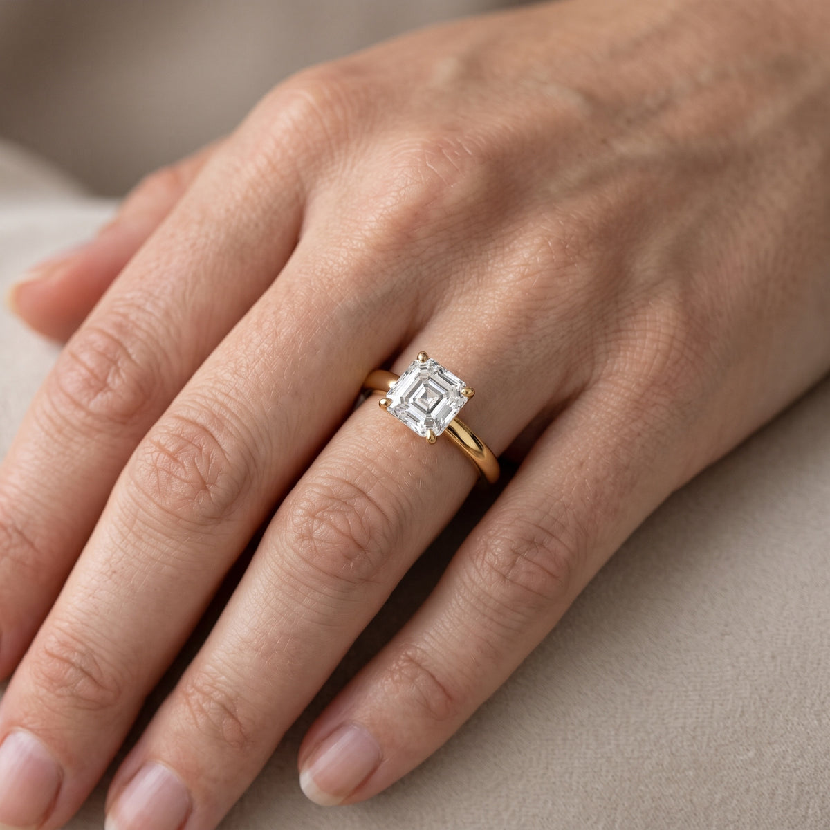 Elspeth Solitaire Asscher Diamond Engagement Ring in Yellow Gold - lifestyle.jpg