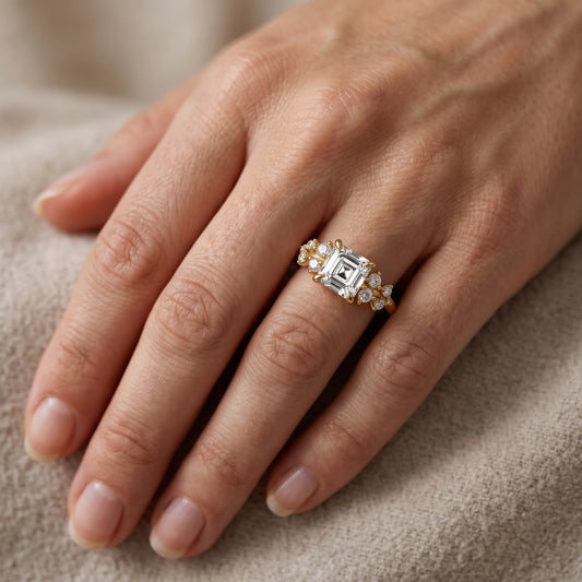 Mirabelle Cluster Asscher Diamond Engagement Ring in Yellow Gold - lifestyle.jpg