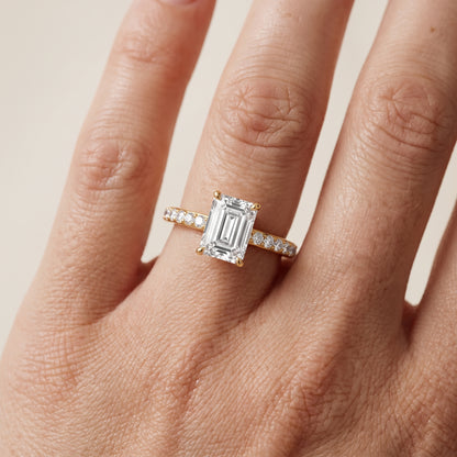 Aisha Pavé Solitaire Emerald Diamond Engagement Ring in Yellow Gold - lifestyle.jpg