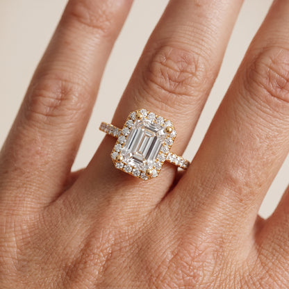 Sophie Halo Pavé Emerald Diamond Ring in Yellow Gold - lifestyle.jpg