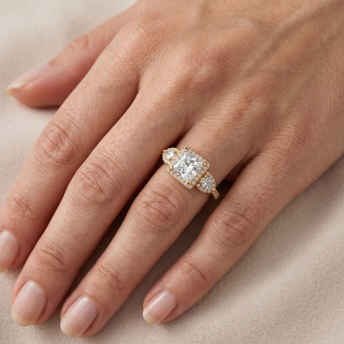 Camden Three-Stone Halo Princess Diamond Engagement Ring in White Gold - lifestyle.jpg