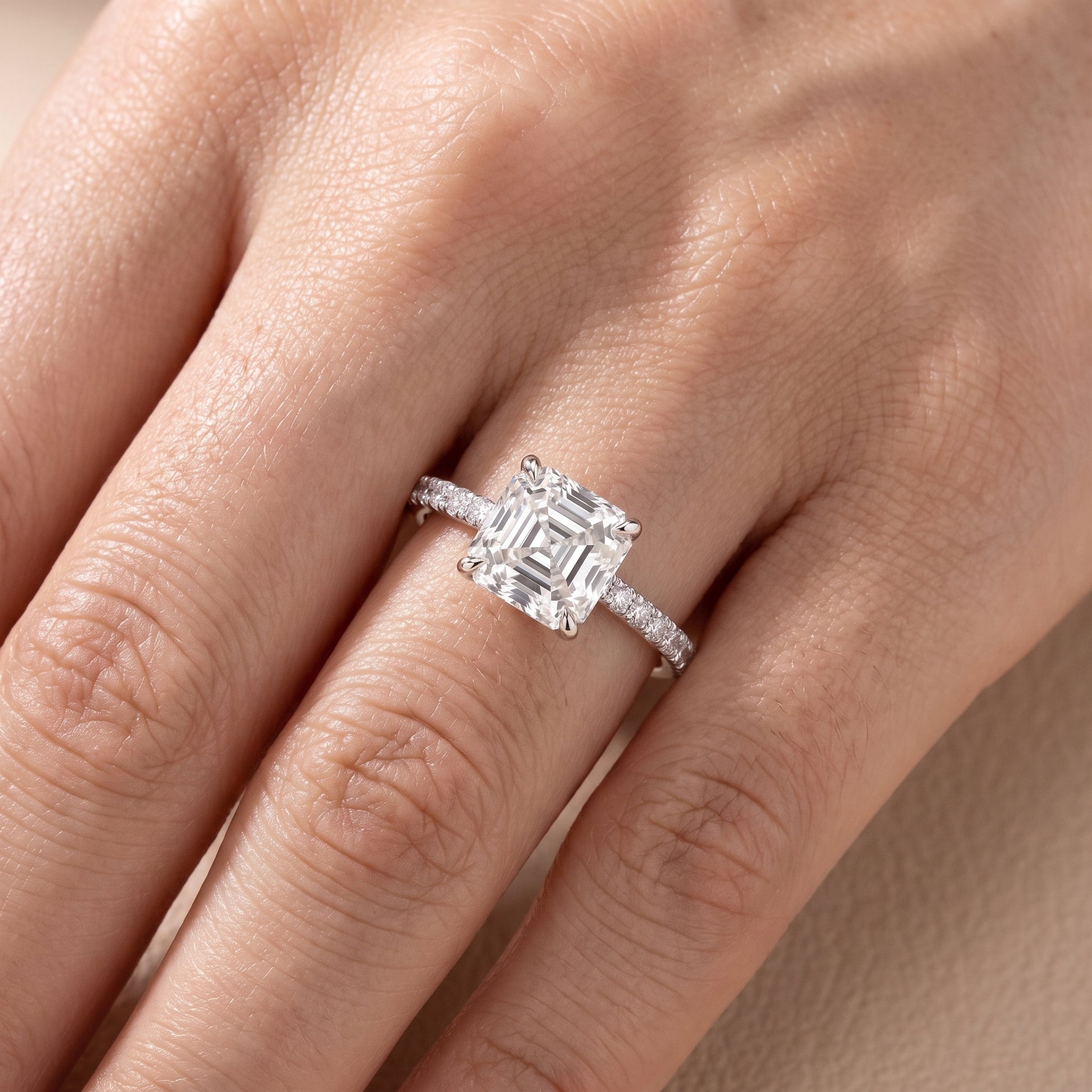 Ione Solitaire Pavé Asscher Diamond Engagement Ring in White Gold - lifestyle.jpg