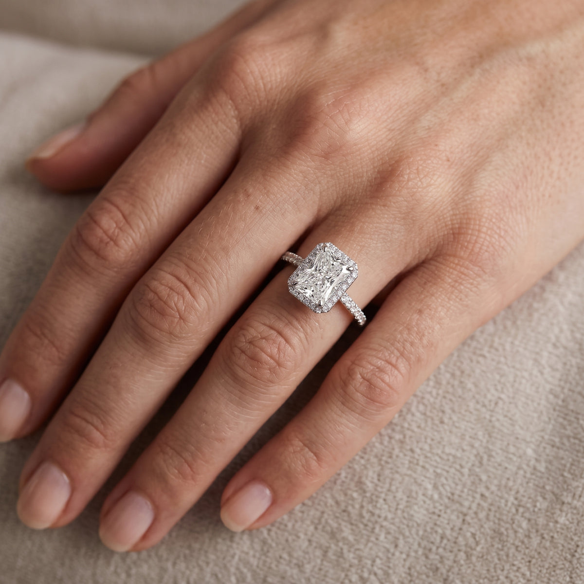 Alma Halo Pavé Radiant Diamond Engagement Ring in Silver - lifestyle.jpg