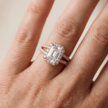 Kira Halo Split Shank Emerald Diamond Engagement Ring in Rose Gold - lifestyle.jpg