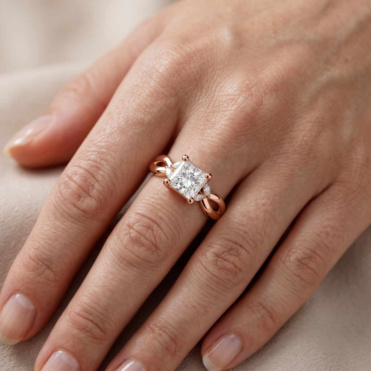 Luna Glow Twisted Princess Diamond Engagement Ring in Rose Gold - lifestyle.jpg