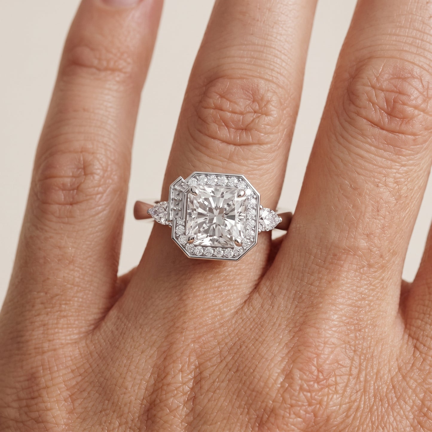 Eliza Halo Sidestone Radiant Diamond Engagement Ring in White Gold - lifestyle.jpg