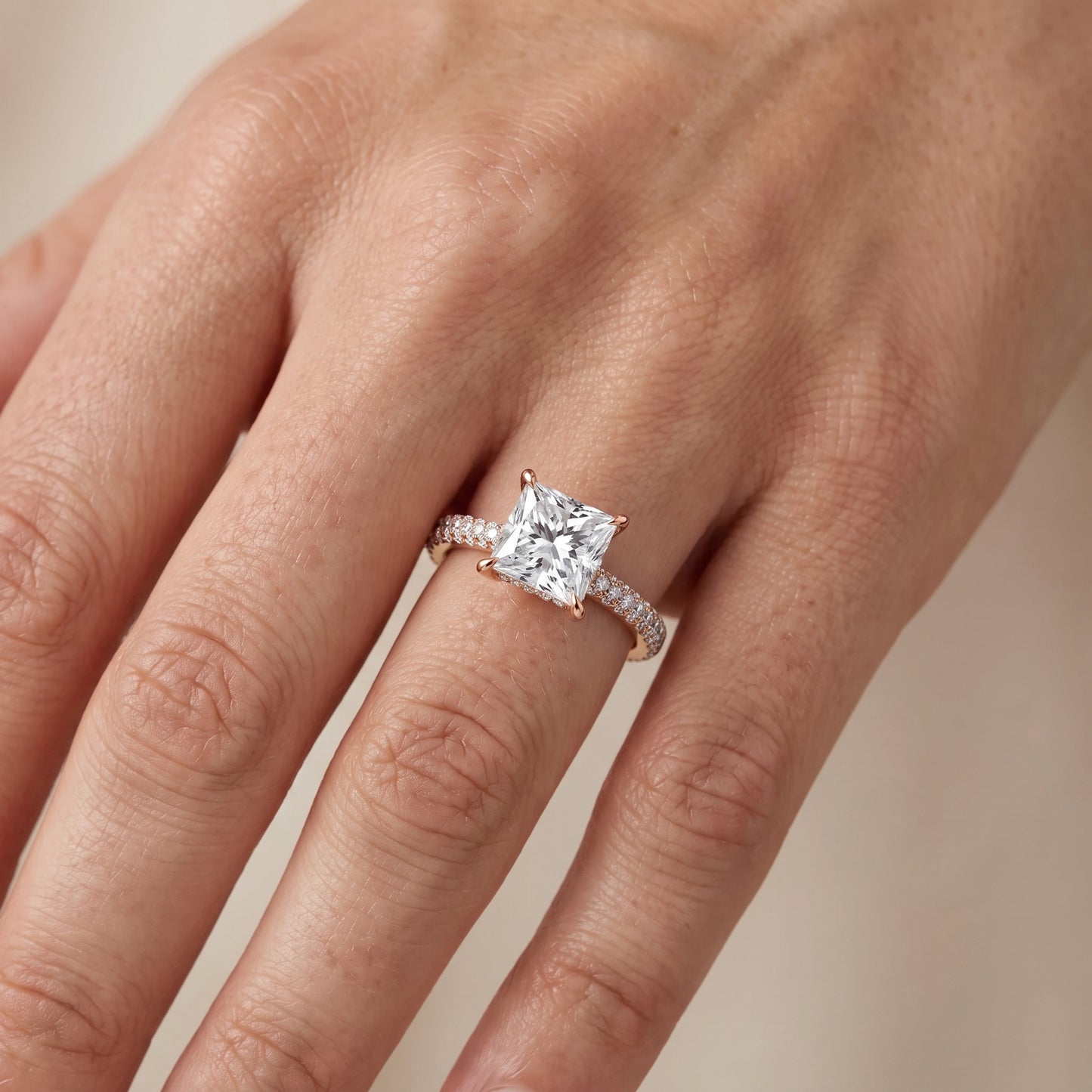 Della Hidden Halo Pavé Princess Diamond Engagement Ring in Rose Gold - lifestyle.jpg