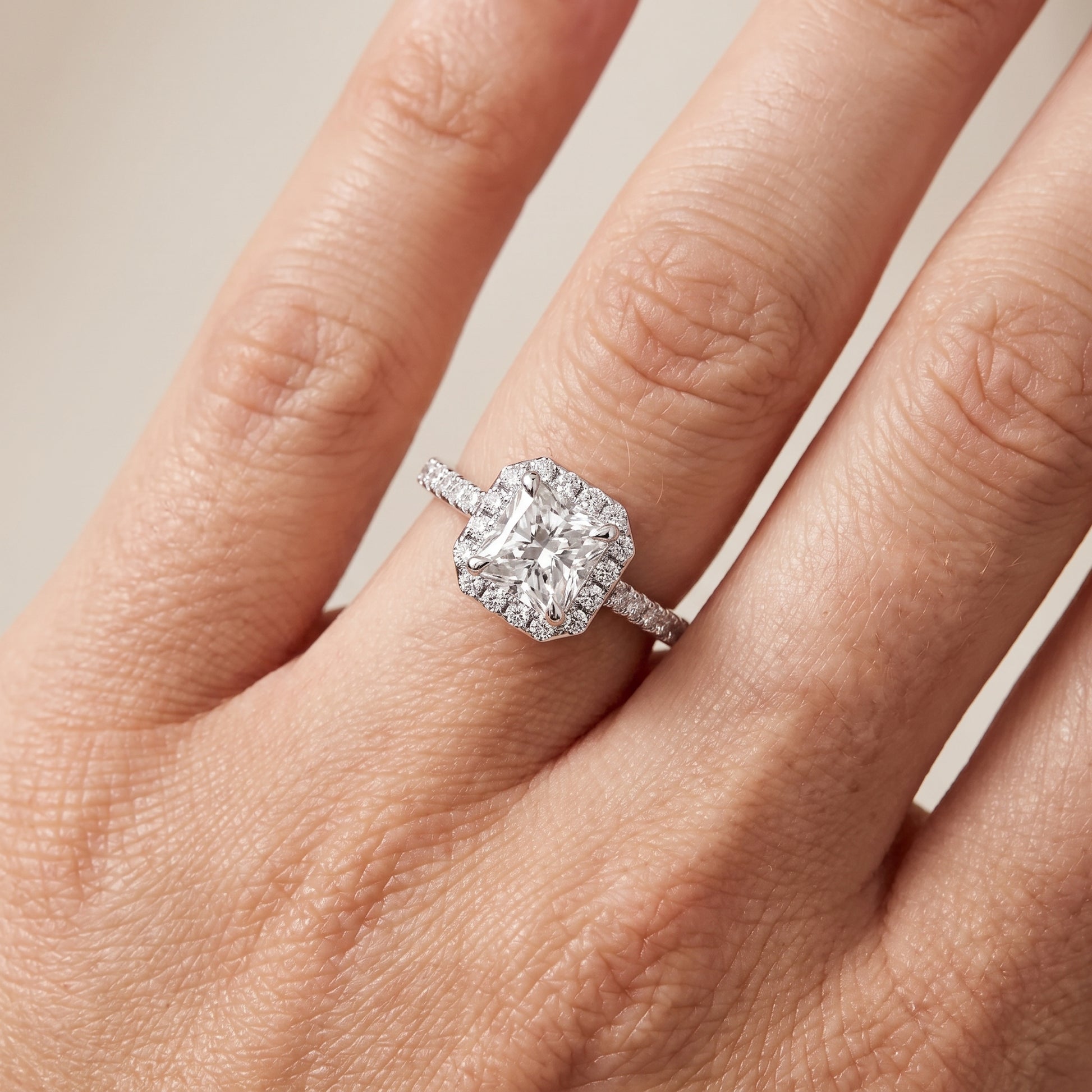 Amara Halo Claw Prong Radiant Diamond Ring in White Gold - lifestyle.jpg