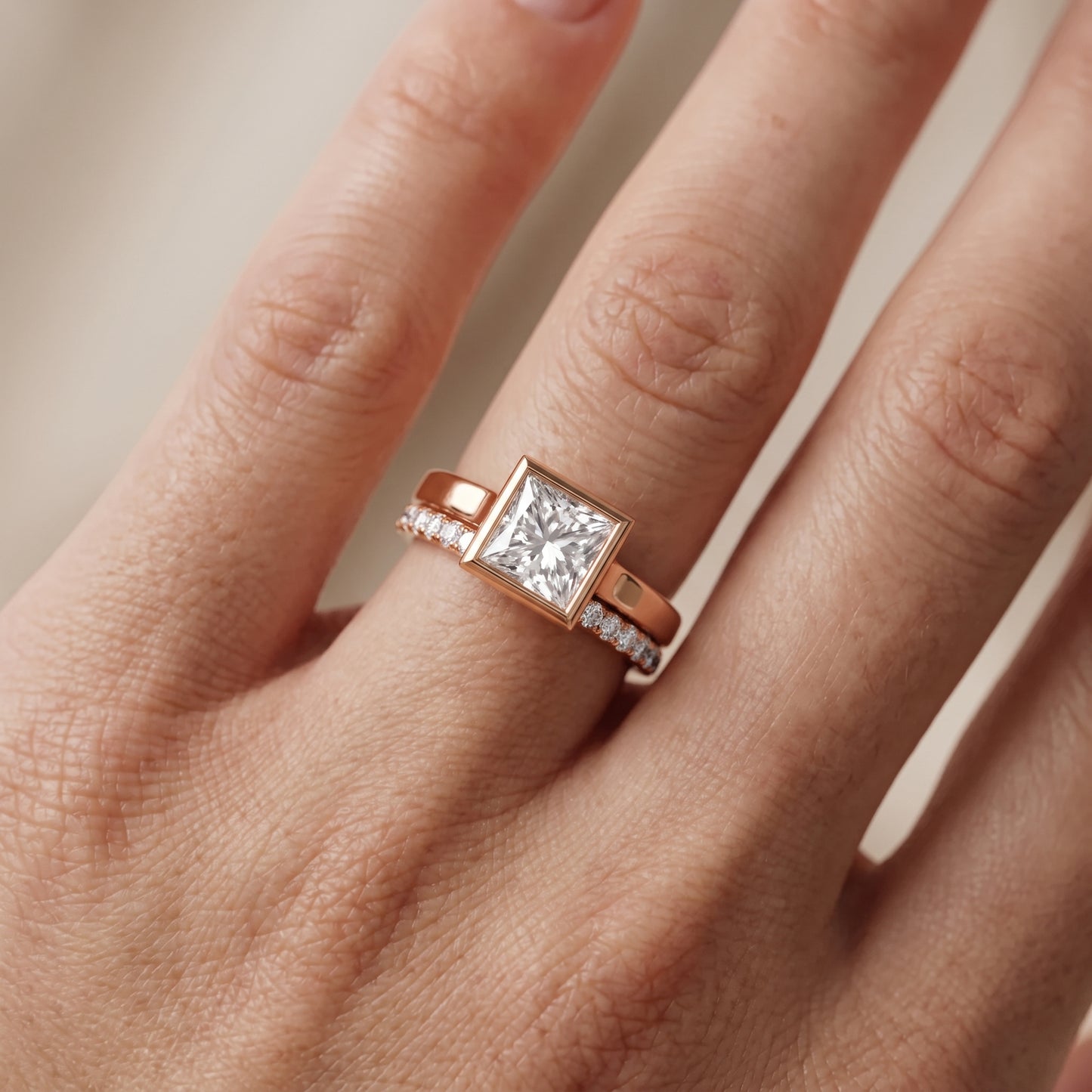 Ayla Bezel Bypass Princess Diamond Ring in Rose Gold - lifestyle.jpg