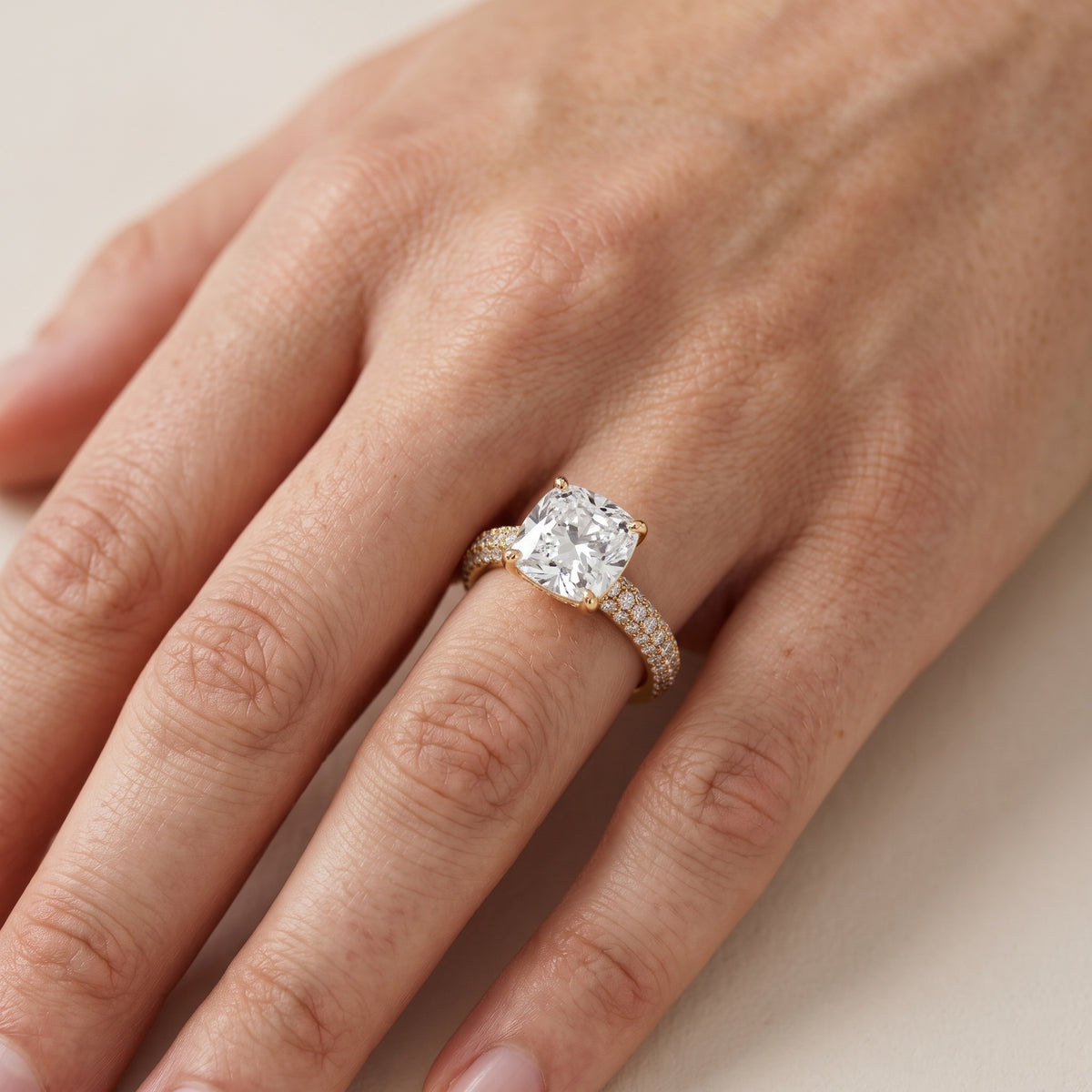 Thalia Micropavé Cushion Diamond Engagement Ring in Yellow Gold - lifestyle.jpg