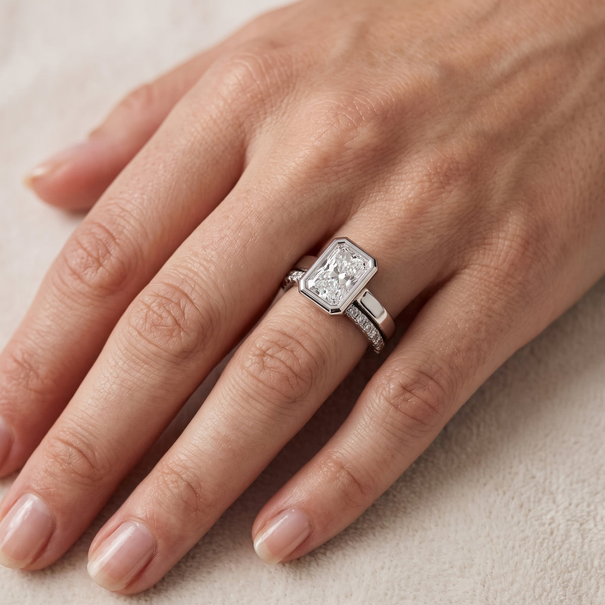 Ayla Bezel Bypass Radiant Diamond Engagement Ring in Silver - lifestyle.jpg