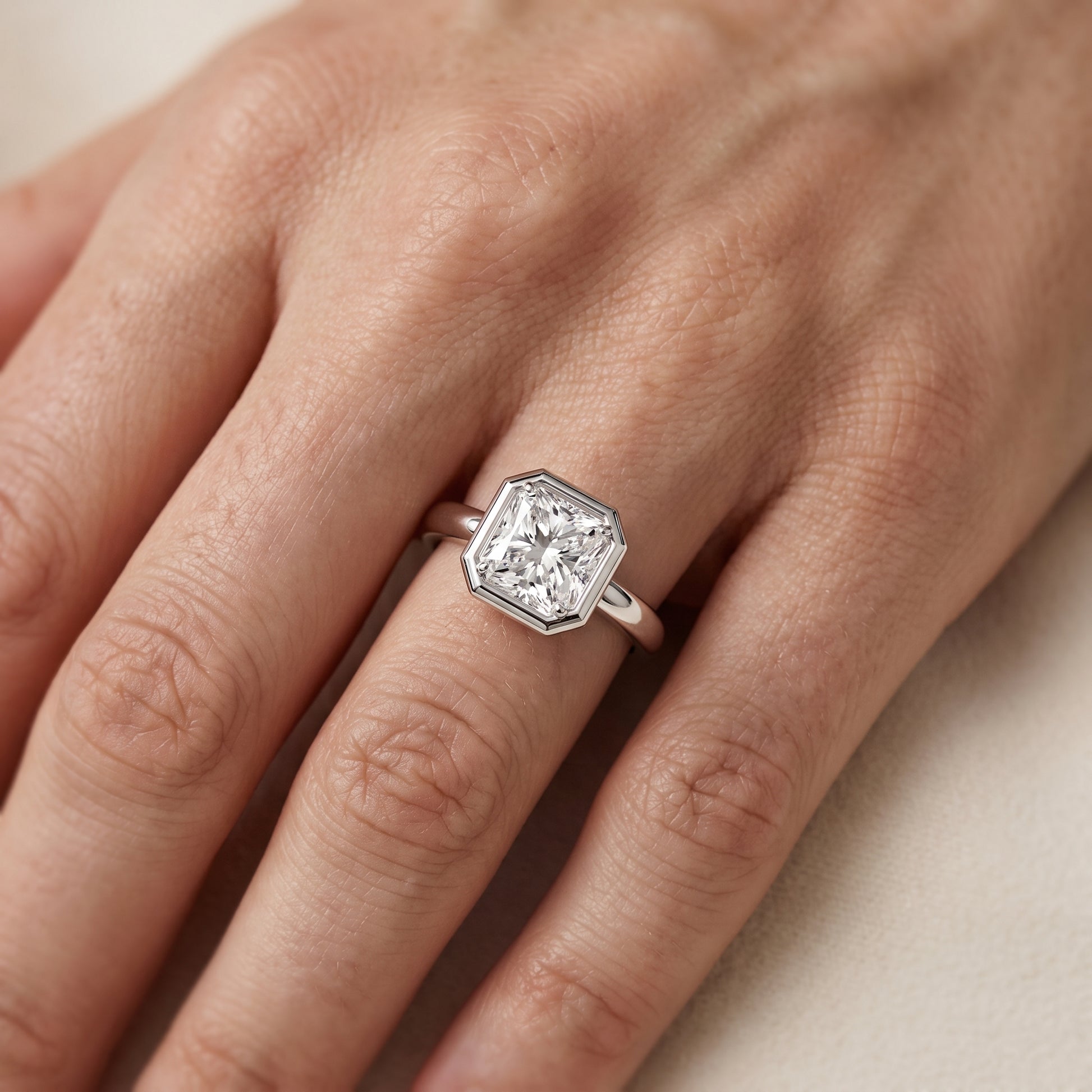 Alina Bezel Solitaire Radiant Diamond Ring in Silver - lifestyle.jpg