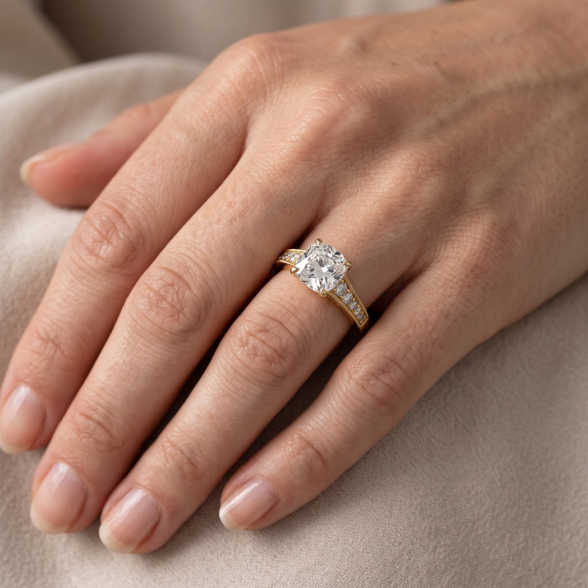 Mary Milgrain Pavé Cushion Diamond Engagement Ring in Yellow Gold - lifestyle.jpg