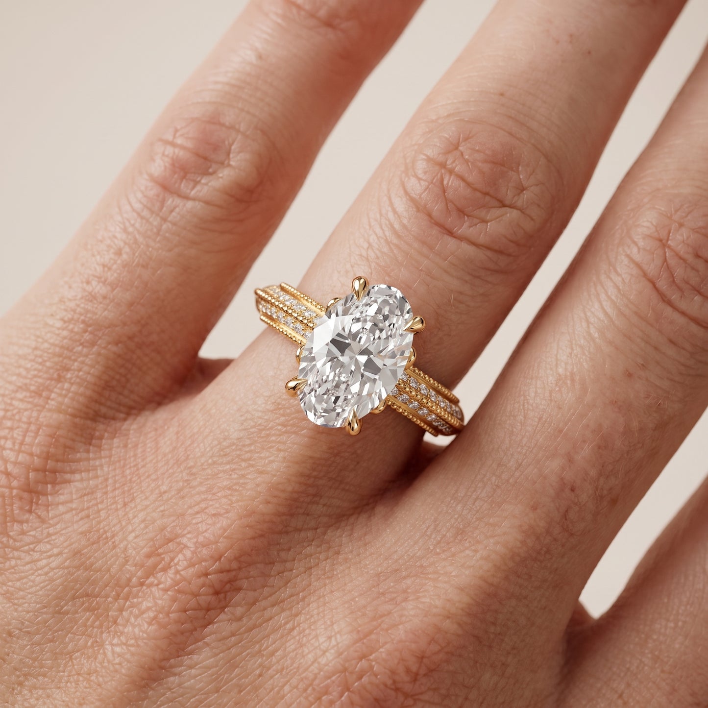 Indie Vintage Milgrain Oval Diamond Engagement Ring in Yellow Gold - lifestyle.jpg