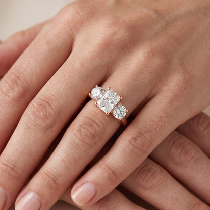 Callie Three-Stone Trellis Radiant Diamond Engagement Ring in Rose Gold - lifestyle.jpg