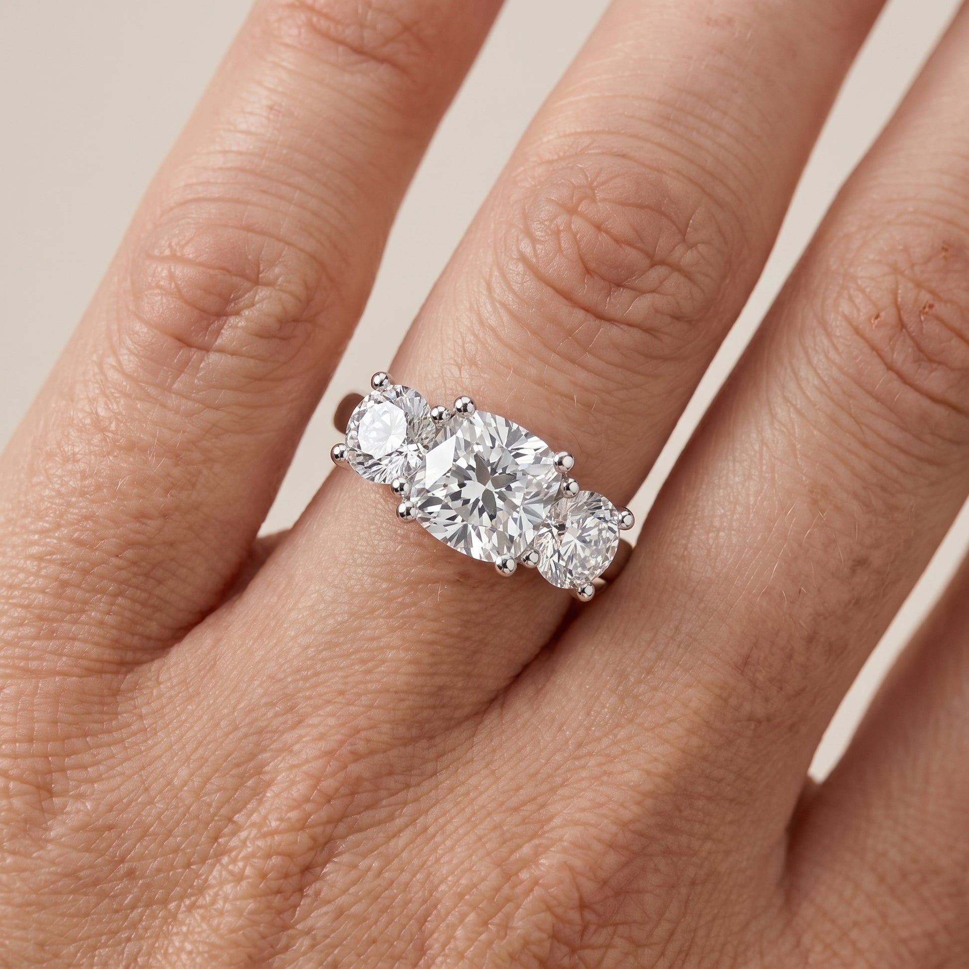Callie Three-Stone Trellis Cushion Diamond Ring in Silver - lifestyle.jpg