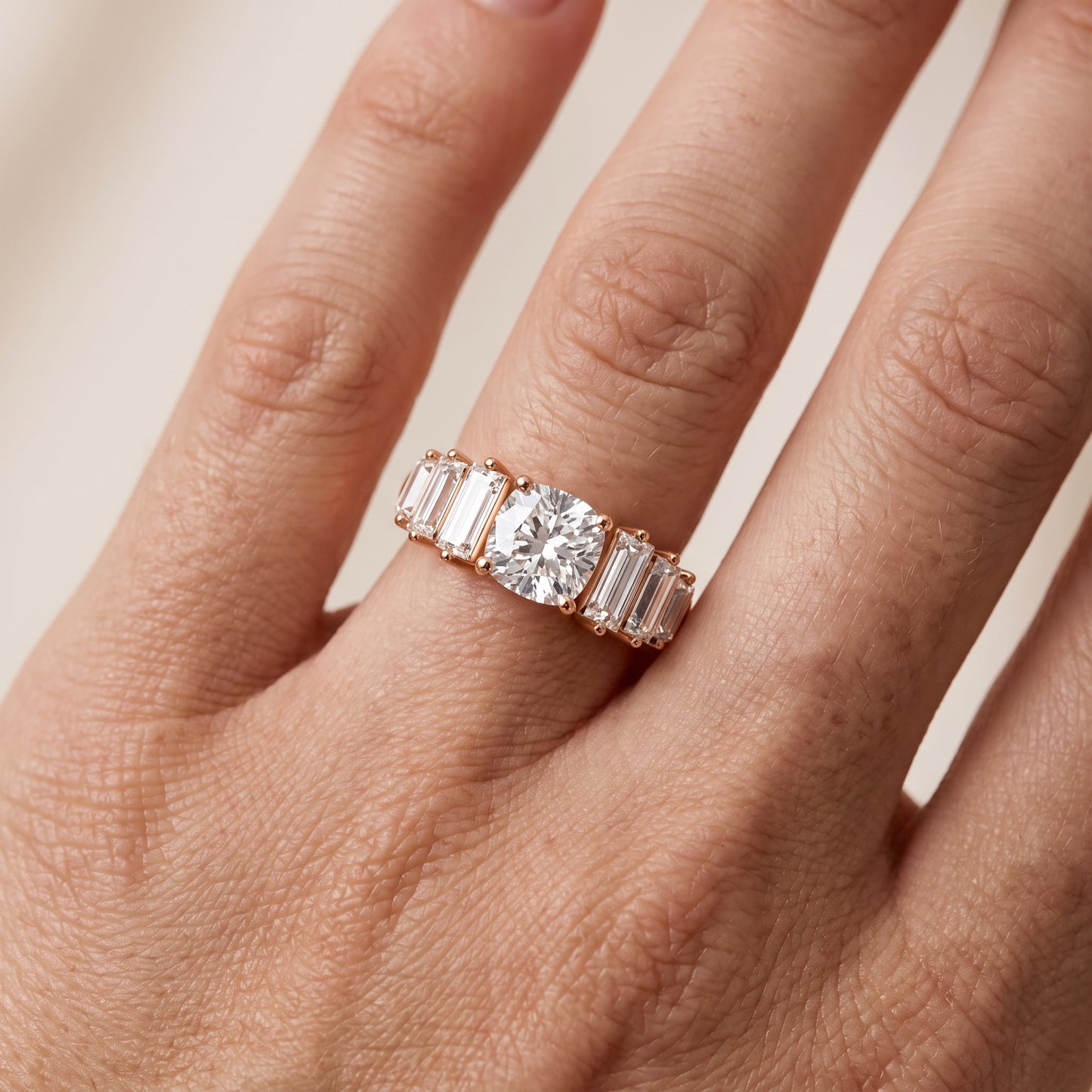 Mara Sidestone Baguette Accent Cushion Diamond Engagement Ring in Rose Gold - lifestyle.jpg