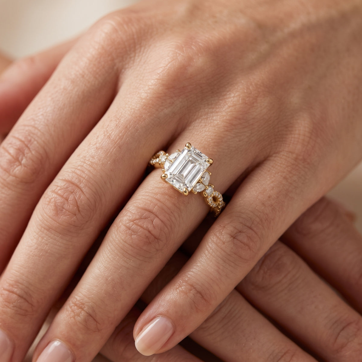 Neva Infinity Twist Emerald Diamond Engagement Ring in White Gold - lifestyle.jpg