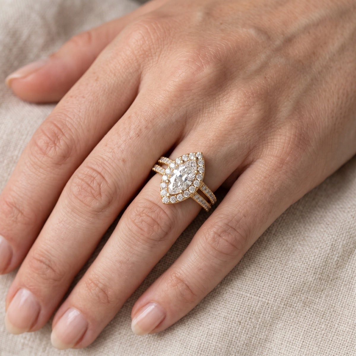 Tampa Halo Split Shank Marquise Diamond Engagement Ring in Platinum - lifestyle.jpg