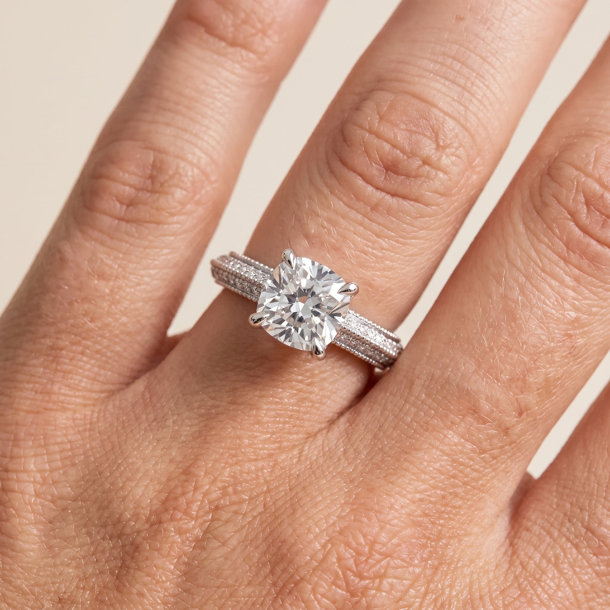 Indie Vintage Milgrain Cushion Diamond Engagement Ring in Platinum - lifestyle.jpg