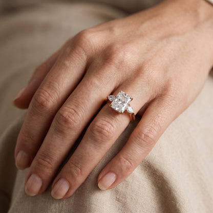 Leila Three-Stone Radiant Diamond Engagement Ring in Rose Gold - lifestyle.jpg