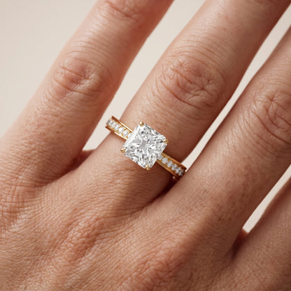 Rhea Sidestone Pavé Radiant Diamond Engagement Ring in Yellow Gold - lifestyle.jpg