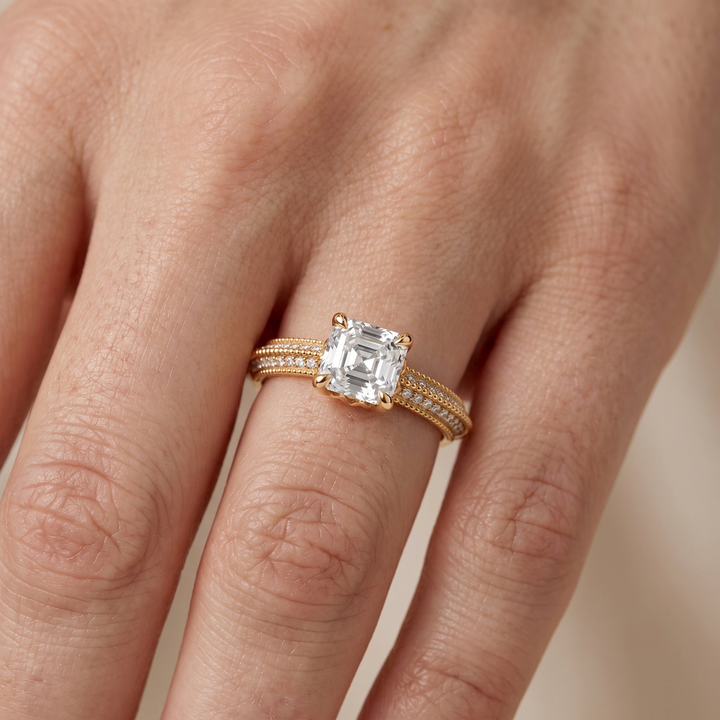 Indie Vintage Milgrain Asscher Diamond Engagement Ring in Yellow Gold - lifestyle.jpg
