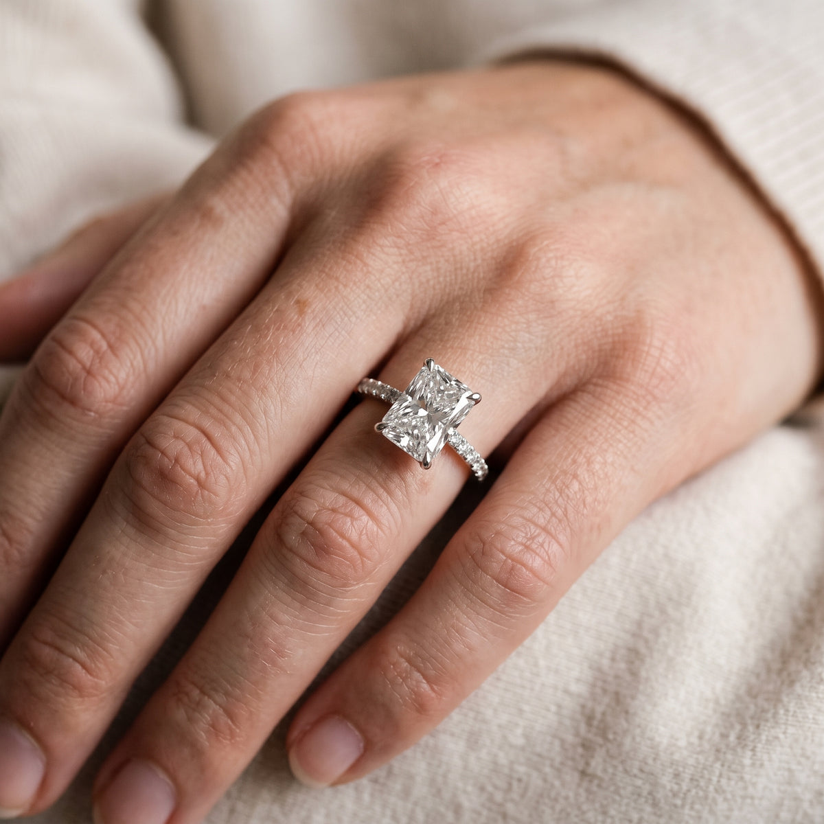 Olivia Solitaire Pavé Radiant Diamond Engagement Ring in Silver - lifestyle.jpg